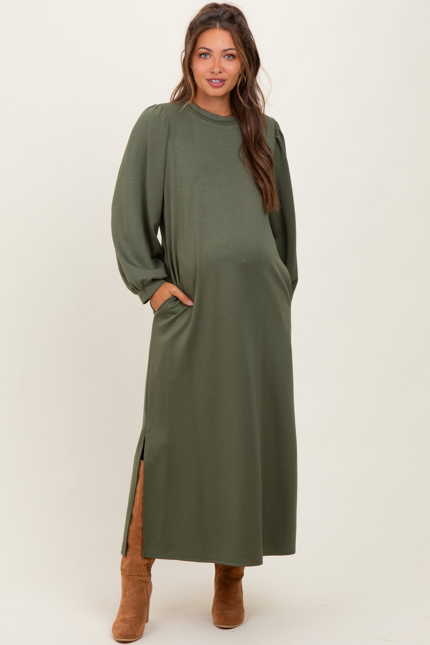 Olive Side Slit Detail Solid Maternity Midi Dress