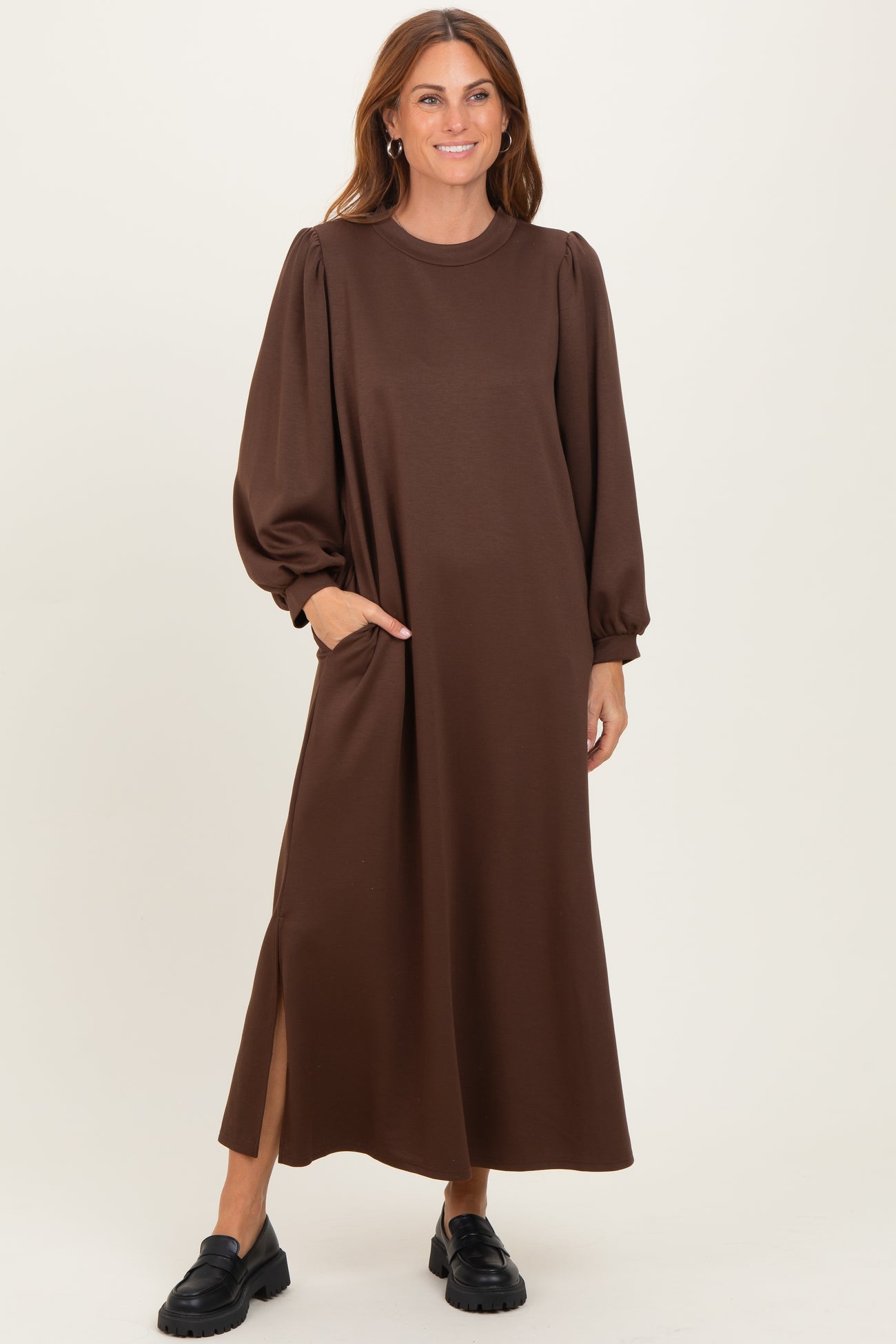 Brown Side Slit Detail Solid Maternity Midi Dress