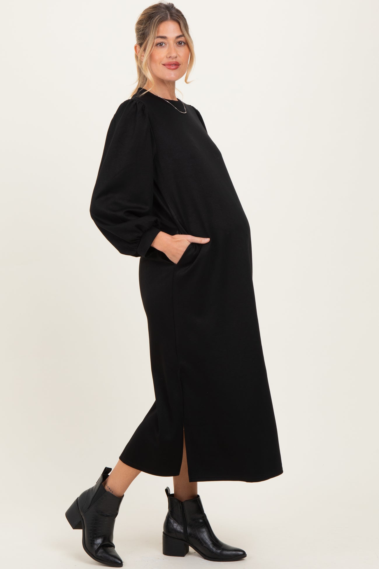 Black Side Slit Detail Solid Maternity Midi Dress