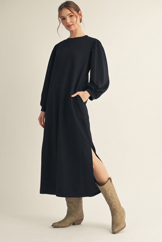Black Side Slit Detail Solid Maternity Midi Dress