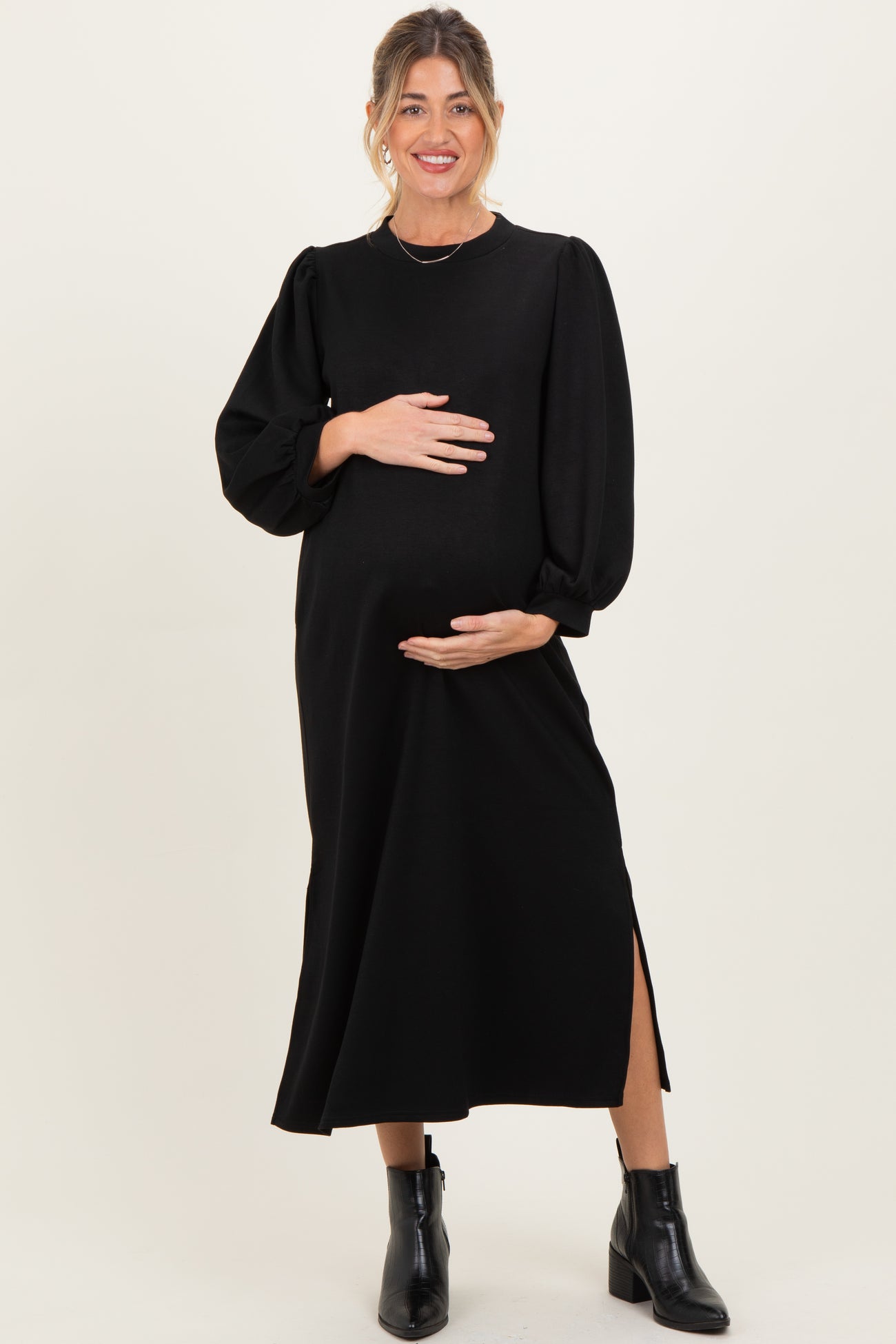 Black Side Slit Detail Solid Maternity Midi Dress