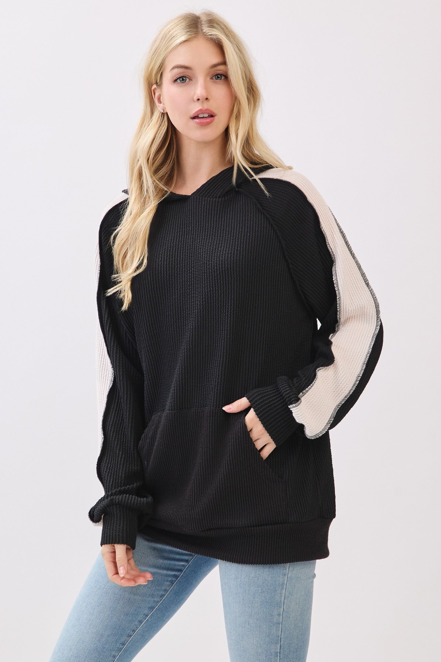 Black Textured Rib Colorblock Maternity Hoodie