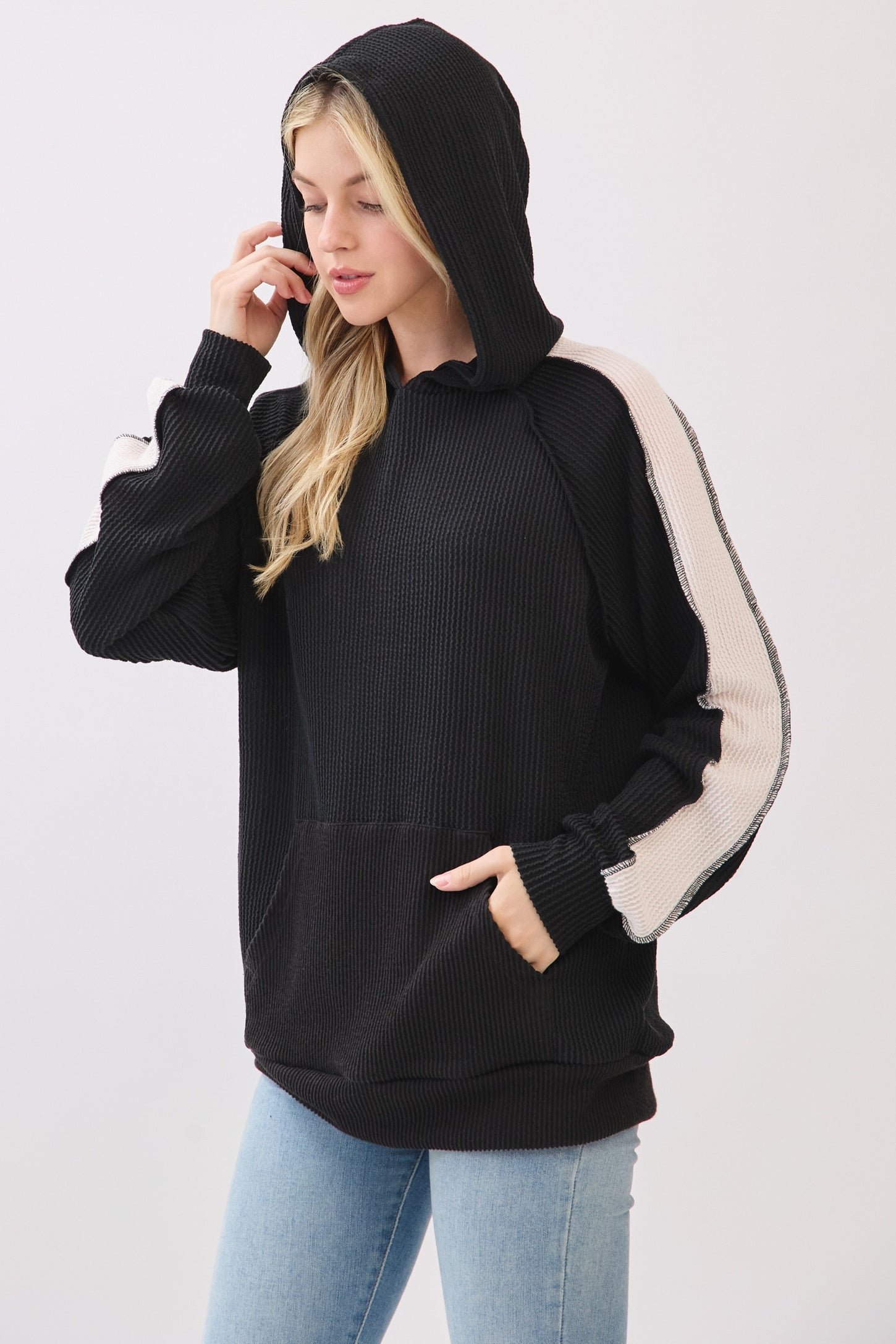 Black Textured Rib Colorblock Hoodie