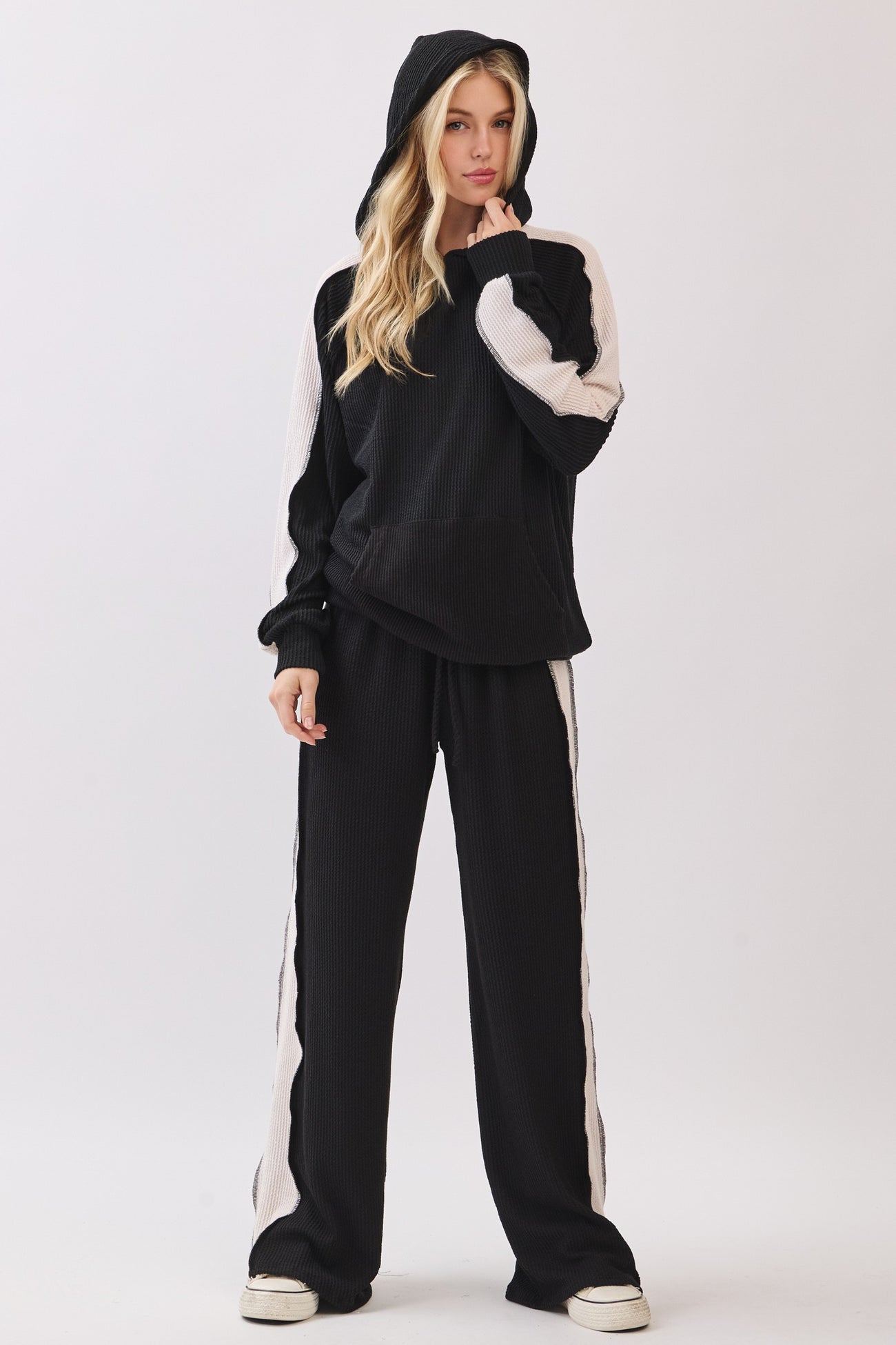 Black Textured Rib Colorblock Hoodie