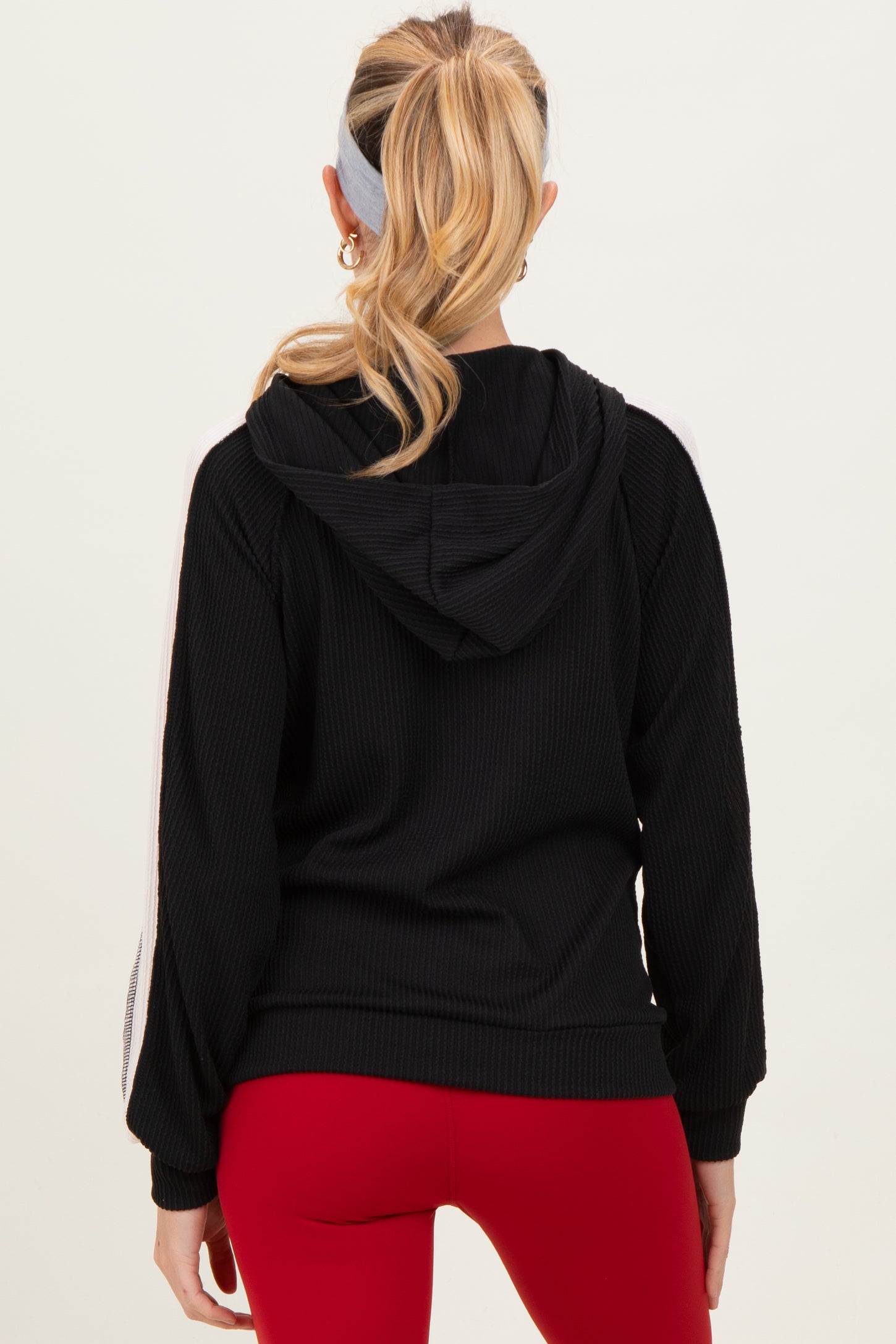 Black Textured Rib Colorblock Maternity Hoodie