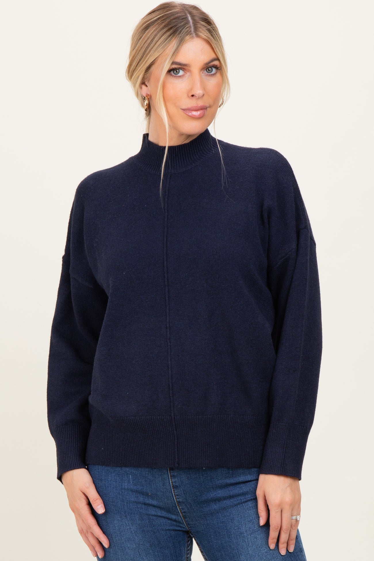 Navy Front Seam Mock Neck Sweater