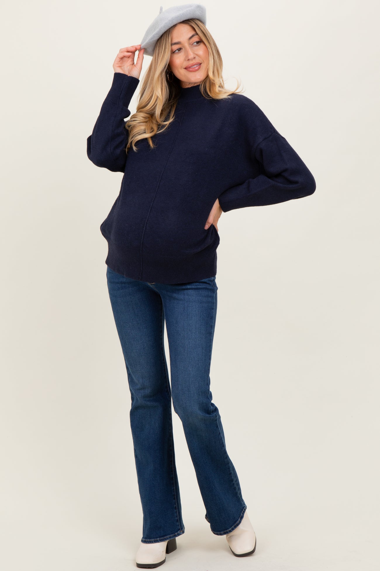Navy Front Seam Mock Neck Maternity Sweater