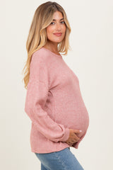 Mauve Puff Sleeve Solid Maternity Sweater Top