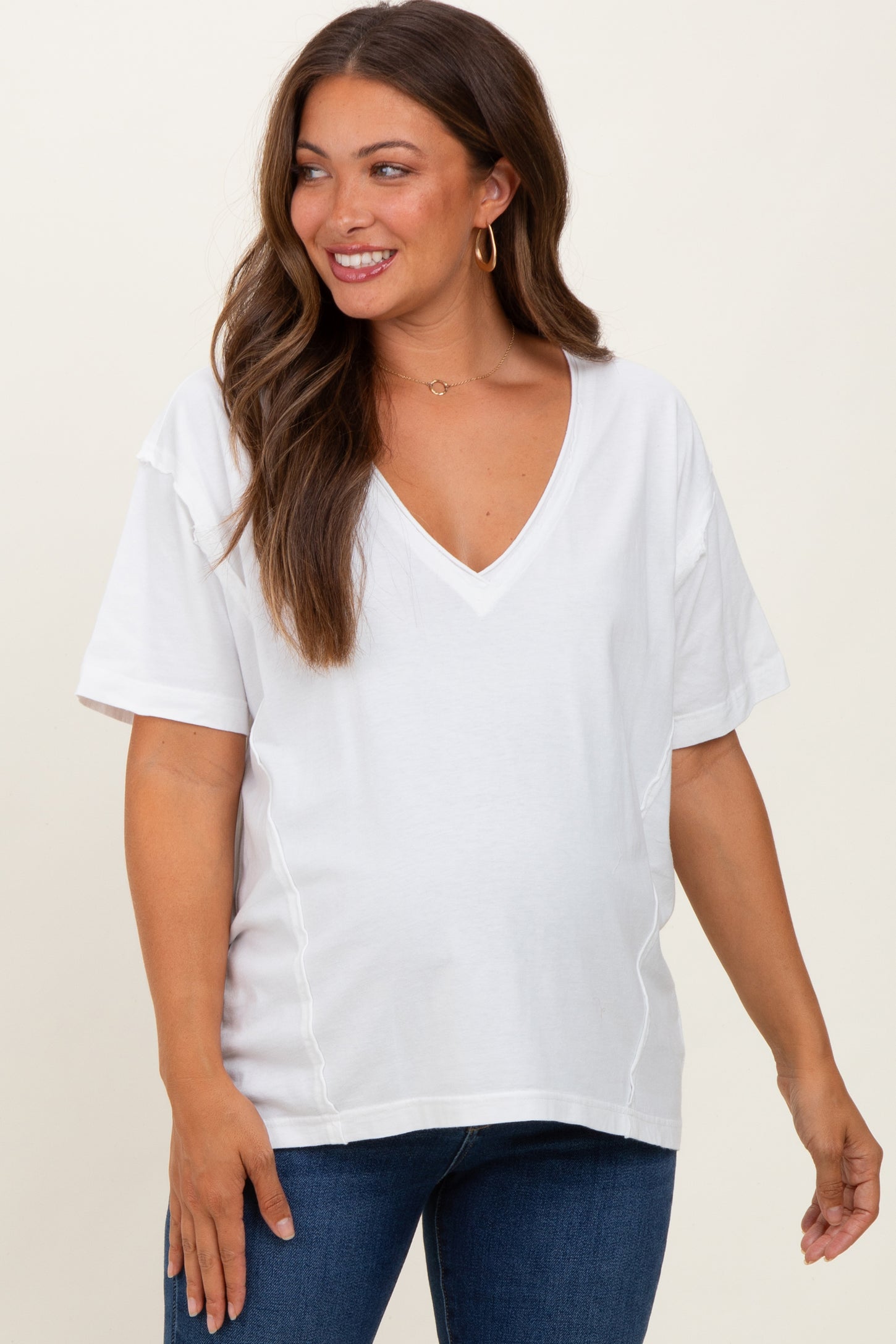 White Raw Edge V-Neck Short Sleeve Maternity T-Shirt