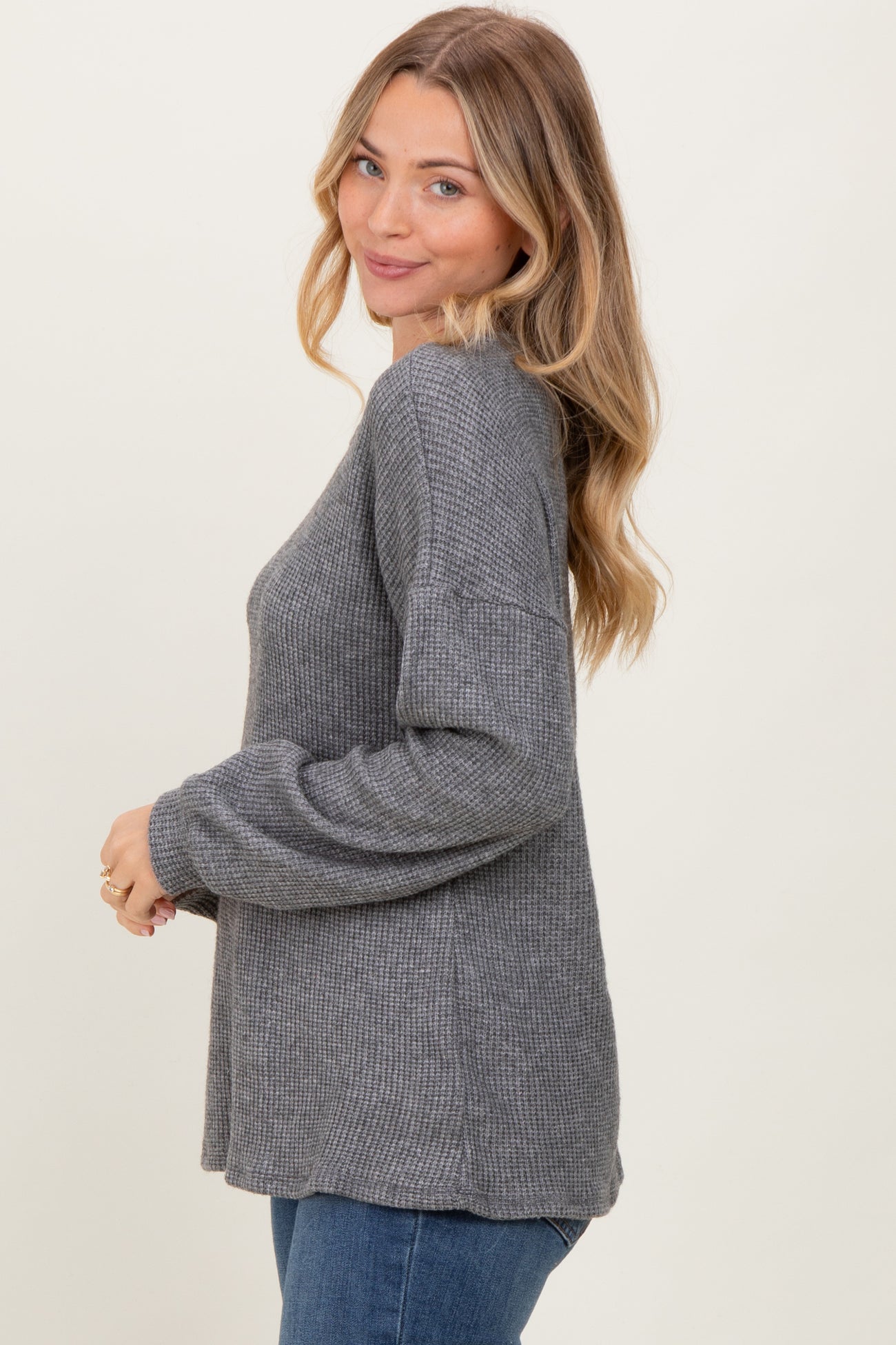 Charcoal Puff Sleeve Solid Sweater Top