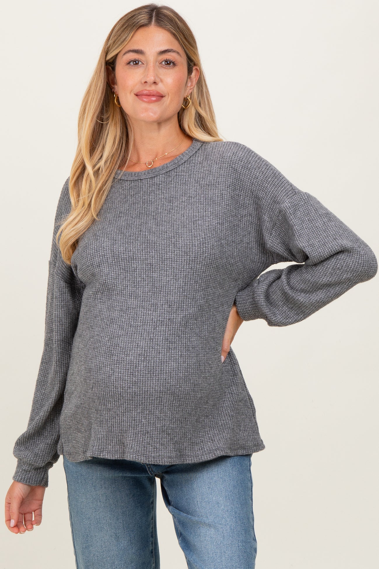 Charcoal Puff Sleeve Solid Maternity Sweater Top
