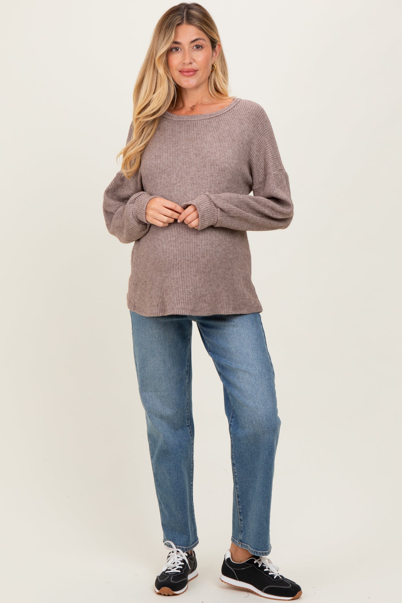 Mocha Puff Sleeve Solid Maternity Sweater Top
