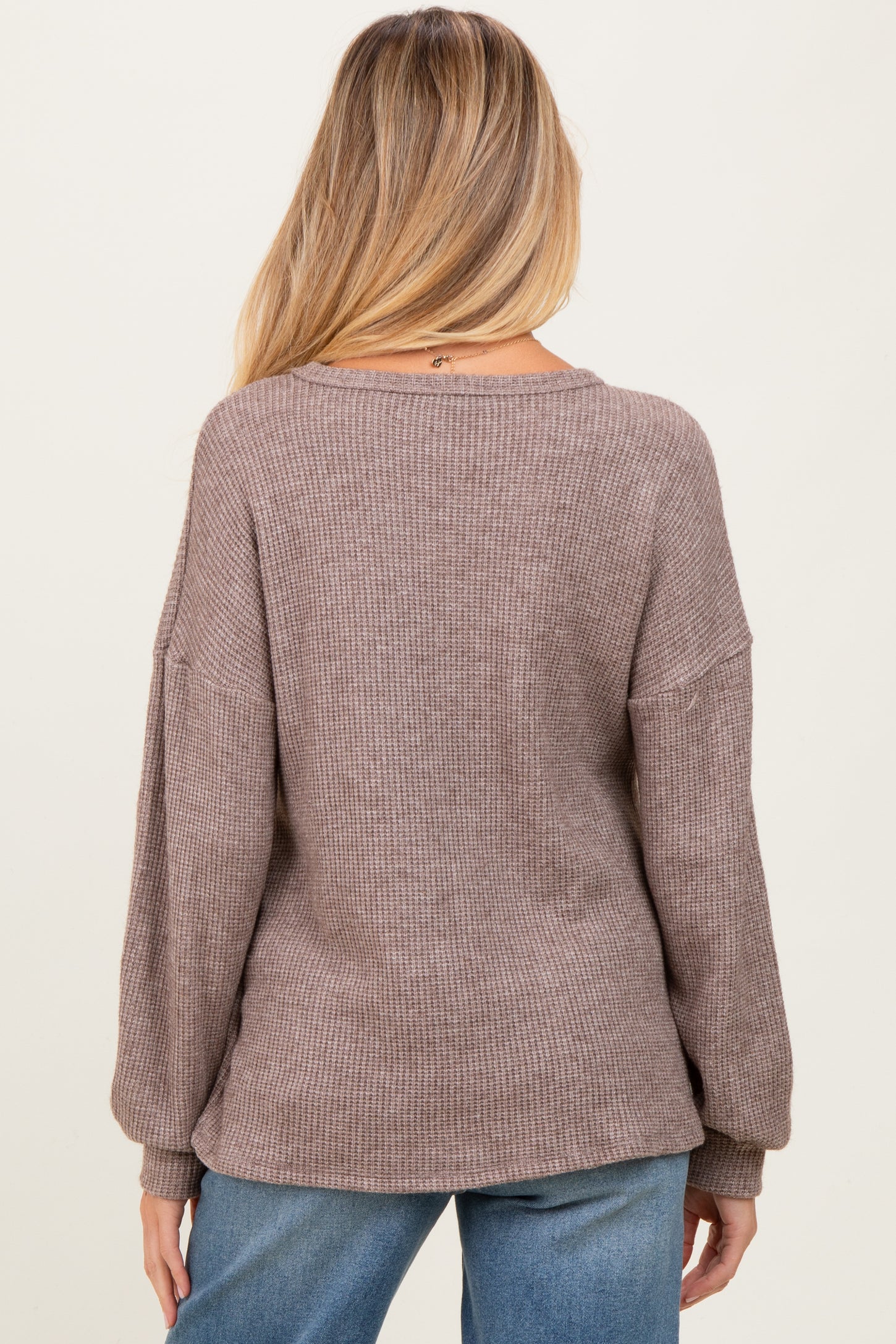 Mocha Puff Sleeve Solid Maternity Sweater Top