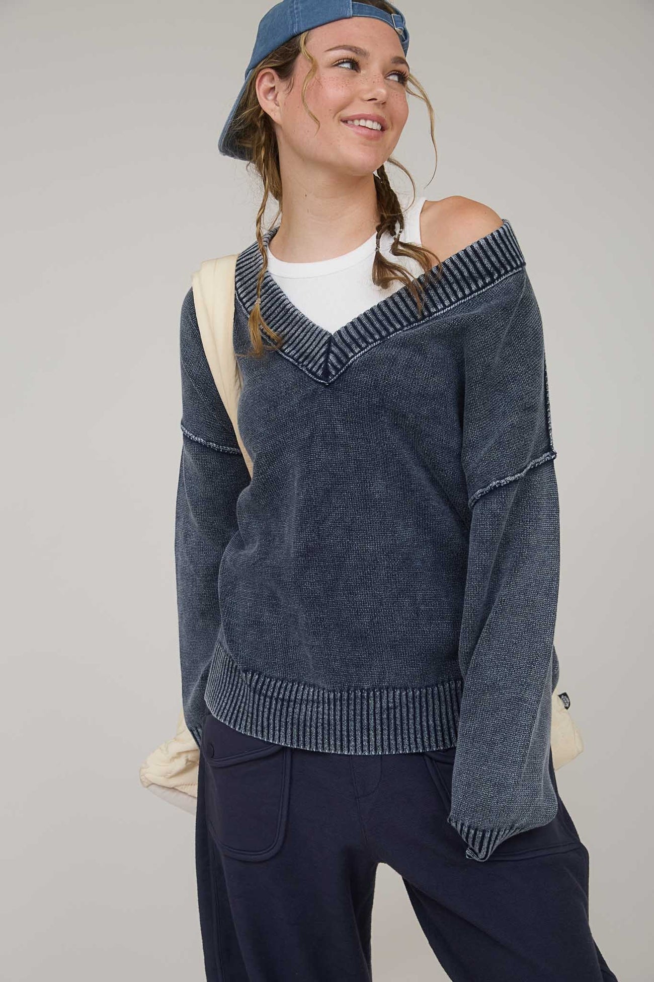 Navy Vintage Wash Oversized V-Neck Maternity Sweater
