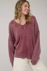Burgundy Vintage Wash Oversized V-Neck Maternity Sweater