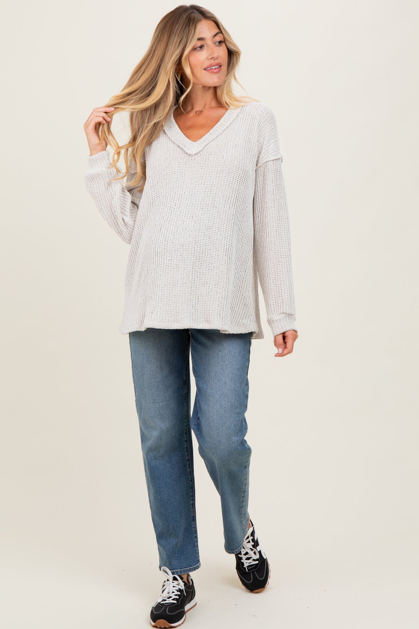 Beige Long Puff Sleeve Solid Oversized Maternity Top