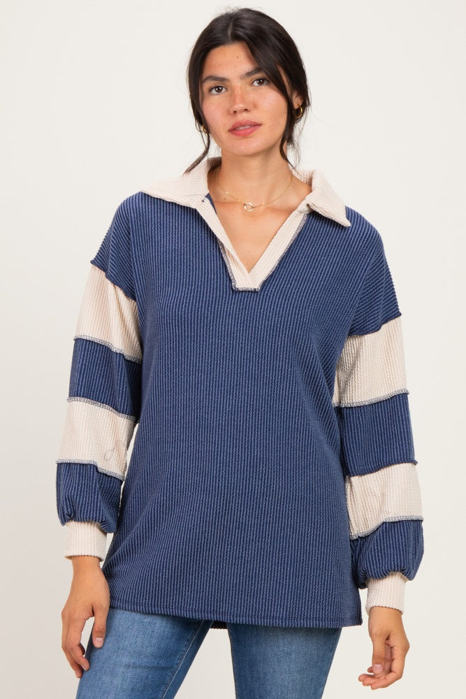 Navy Long Sleeve Collar Solid Contrast Maternity Top