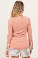 Peach Textured Rib Crochet Lace Detail Long Sleeve Maternity Top