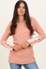 Peach Textured Rib Crochet Lace Detail Long Sleeve Top
