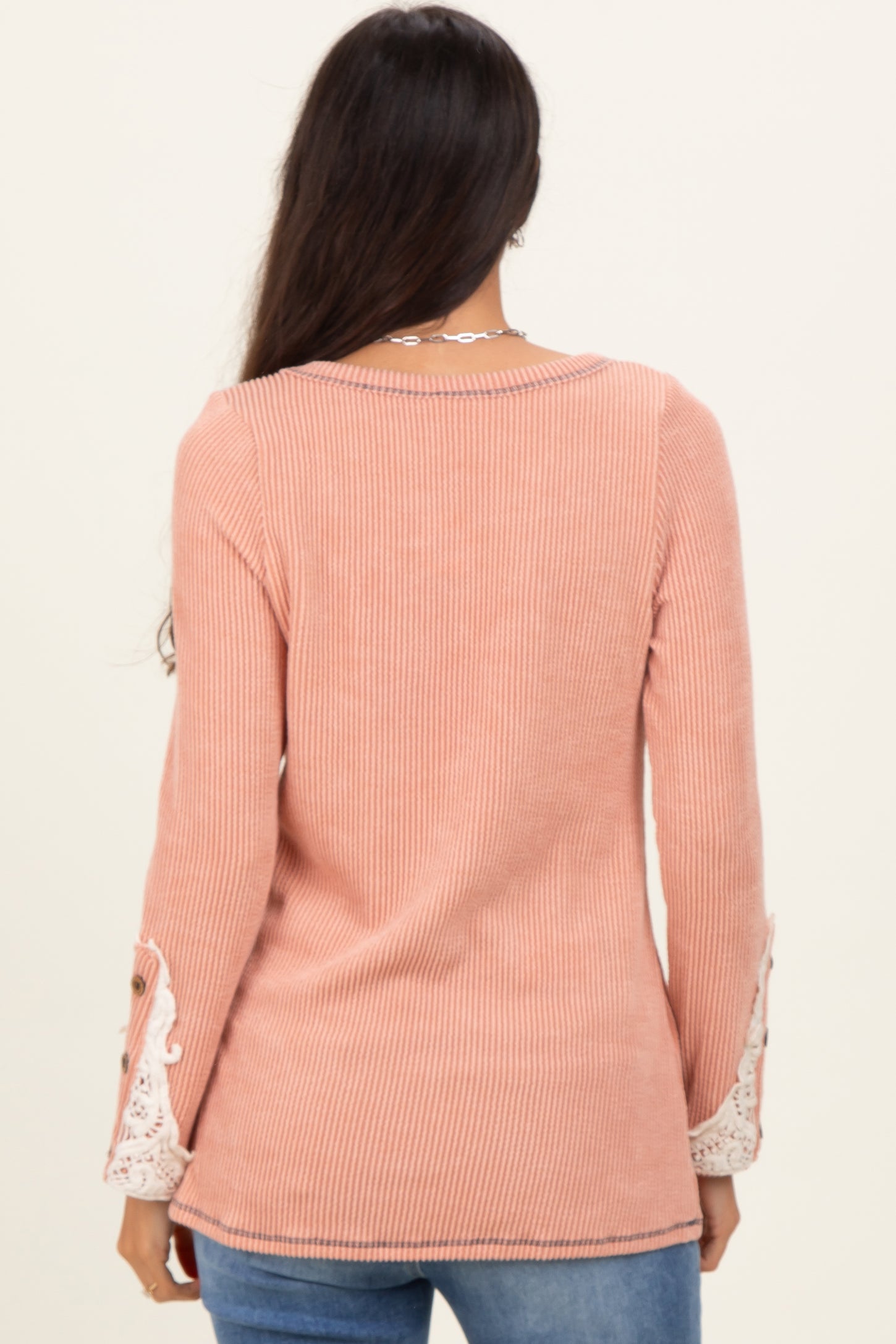 Peach Textured Rib Crochet Lace Detail Long Sleeve Top