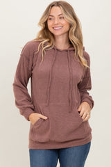 Brown Long Sleeve Brushed Urban Rib Maternity Hoodie Top