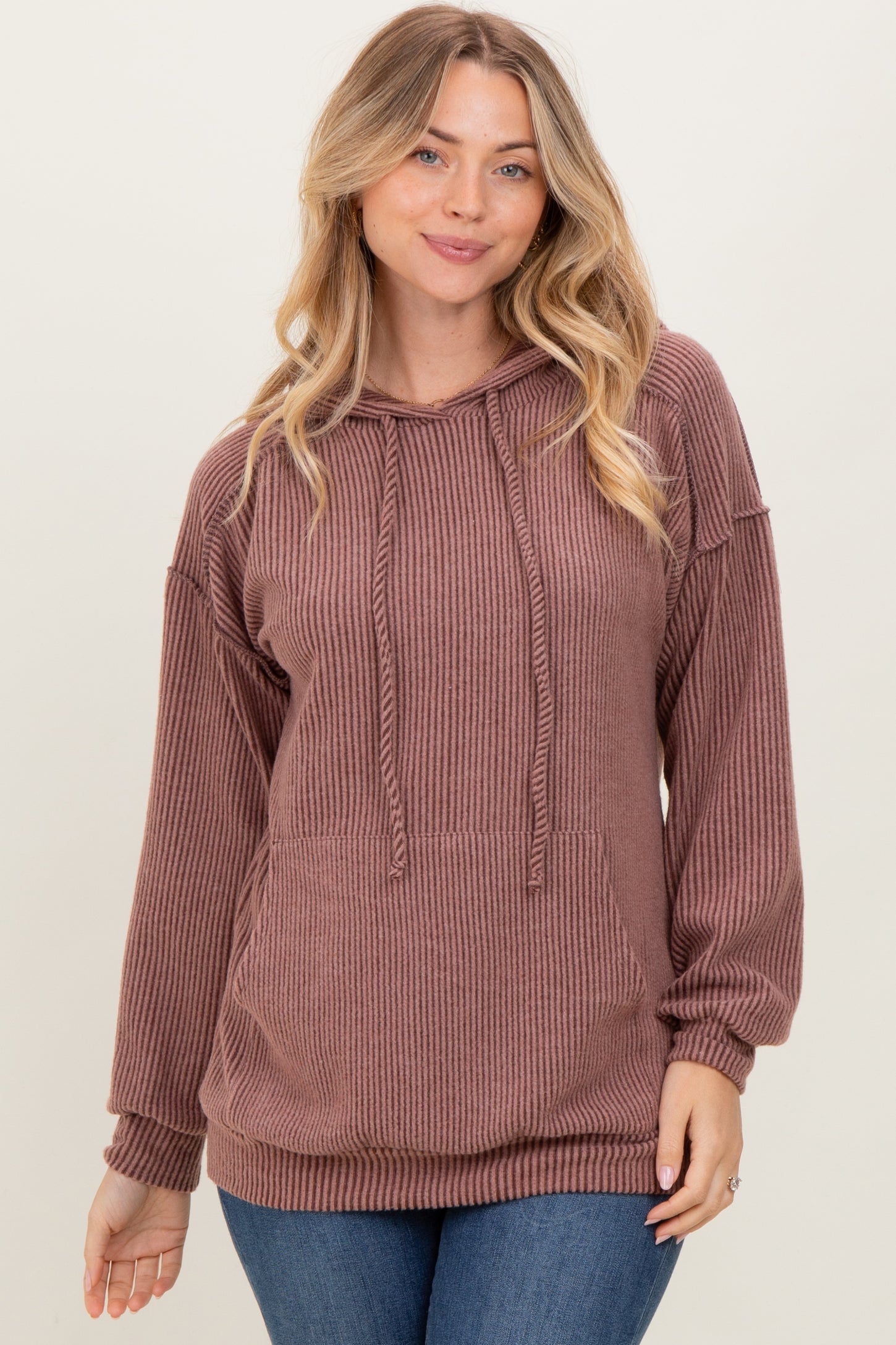 Brown Long Sleeve Brushed Urban Rib Hoodie Top
