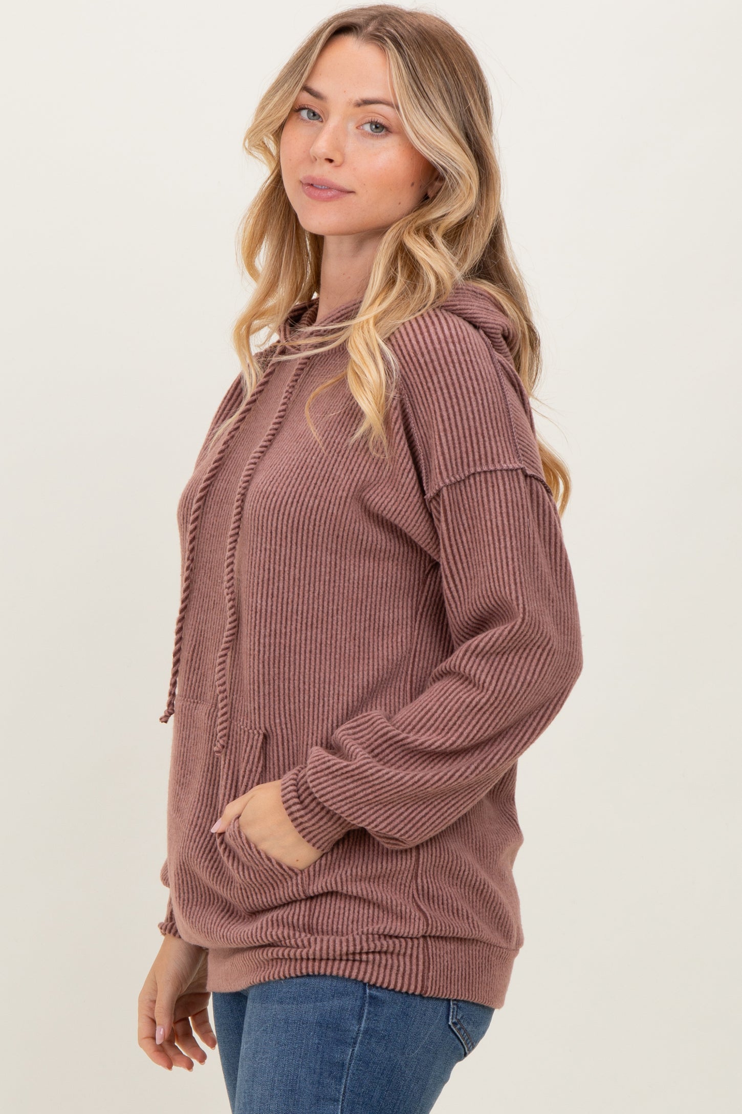 Brown Long Sleeve Brushed Urban Rib Hoodie Top