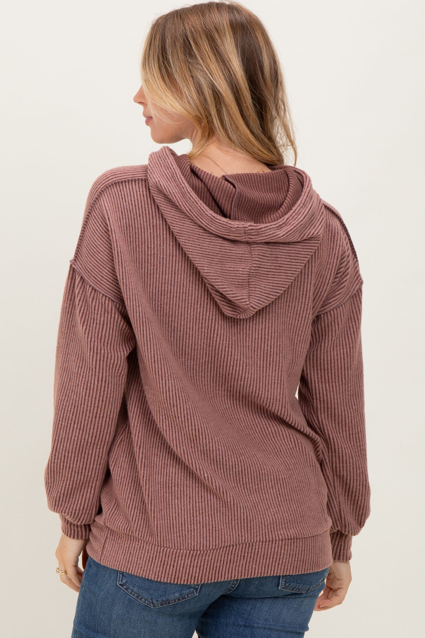 Brown Long Sleeve Brushed Urban Rib Hoodie Top