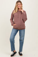 Brown Long Sleeve Brushed Urban Rib Maternity Hoodie Top