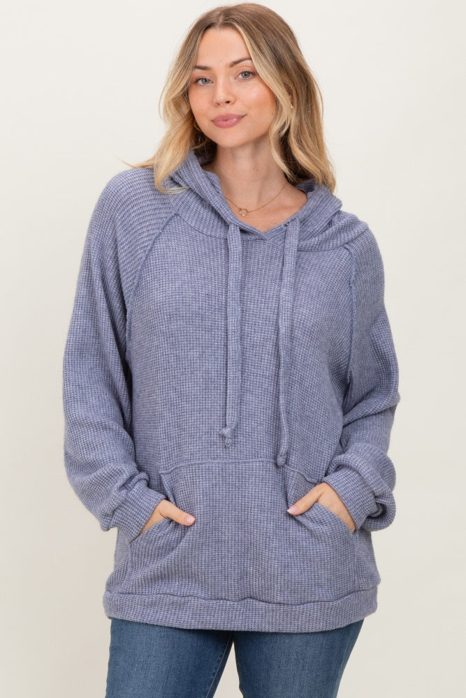 Denim Blue Long Sleeve Solid Hoodie Top