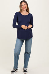 Navy French Terry Long Sleeve Scoop Neck Maternity Top