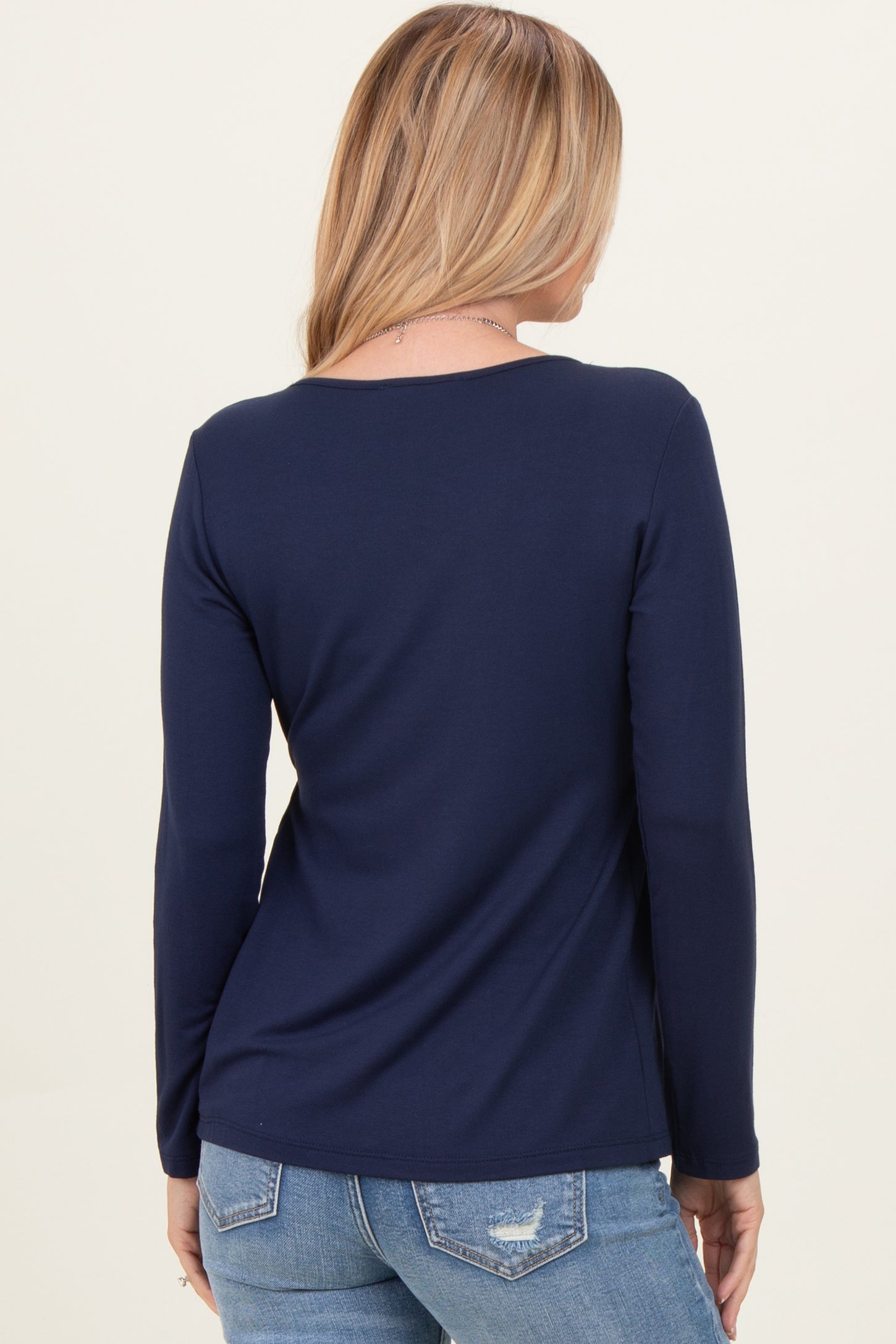 Navy French Terry Long Sleeve Scoop Neck Top