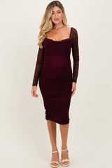 Burgundy Ruched Lace Sleeve Maternity Midi Dress
