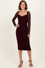 Burgundy Ruched Lace Sleeve Maternity Midi Dress