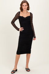 Black Ruched Lace Sleeve Maternity Midi Dress