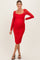 woman wearing a red long sleeve maternity dress with ruching, showcasing her baby bump and styled with strappy heels