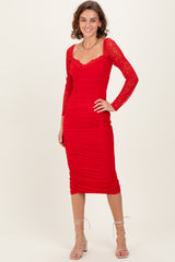 Red Ruched Lace Sleeve Maternity Midi Dress