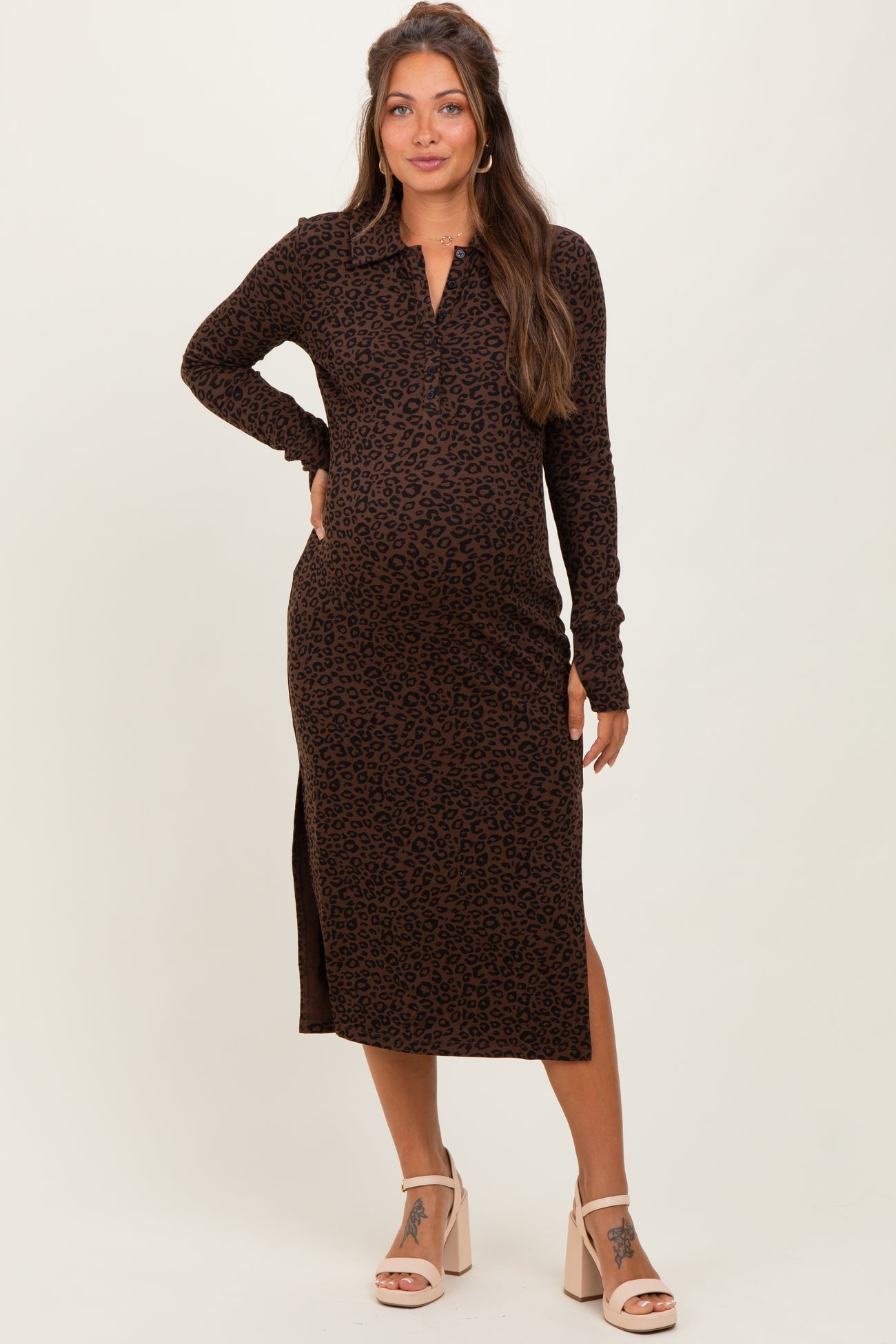 Brown Animal Print Collared Maternity Midi Dress