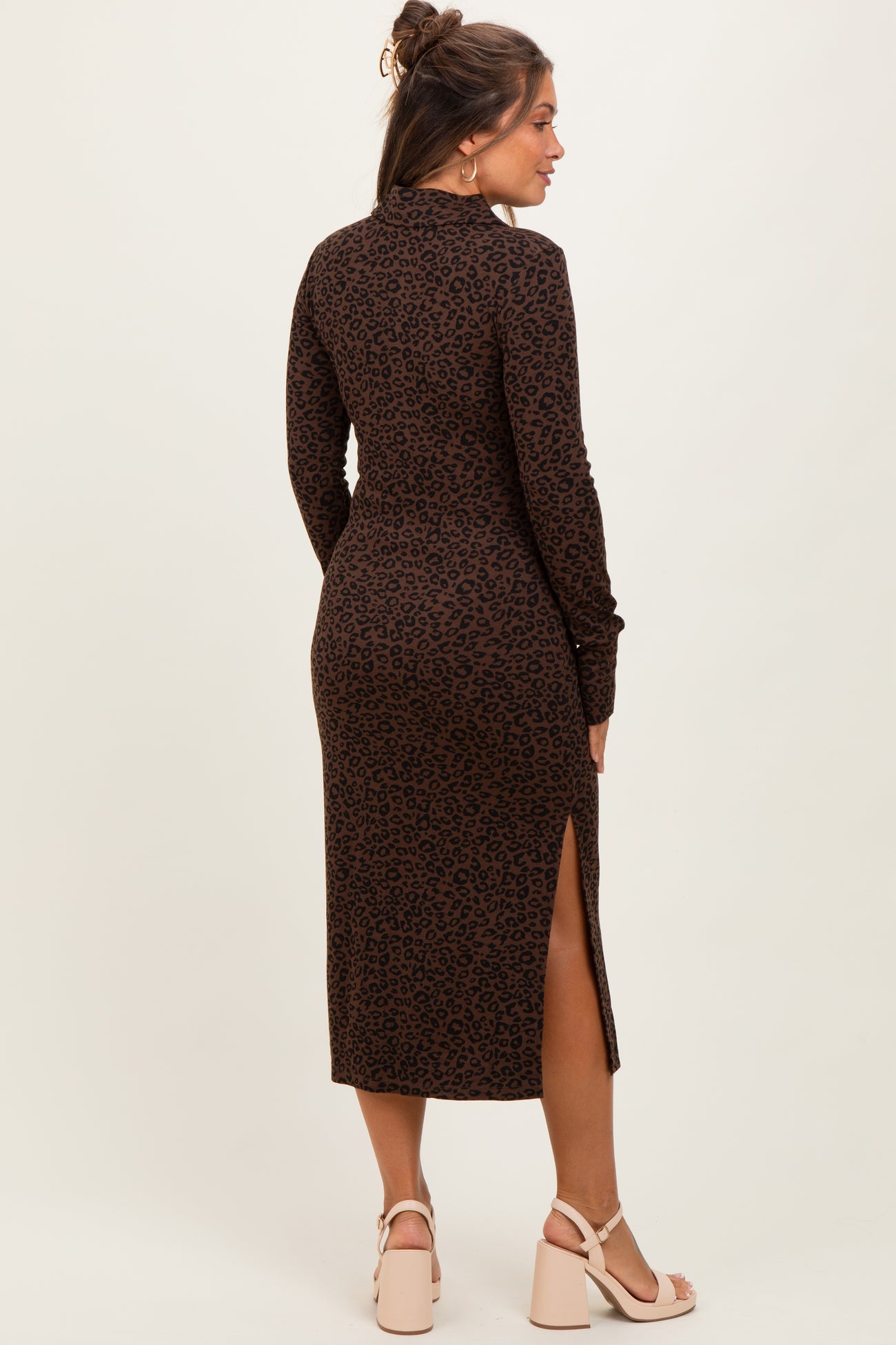 Brown Animal Print Collared Maternity Midi Dress