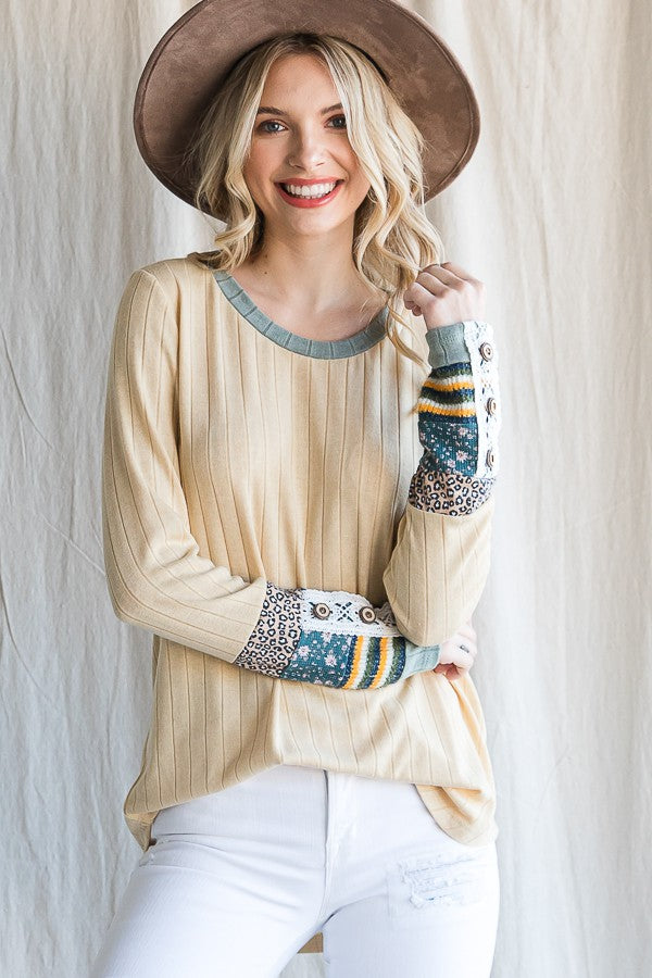 Yellow Colorblock Print Detail Long Sleeve Maternity Top