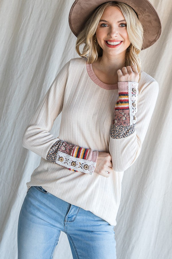 Cream Colorblock Print Detail Long Sleeve Maternity Top