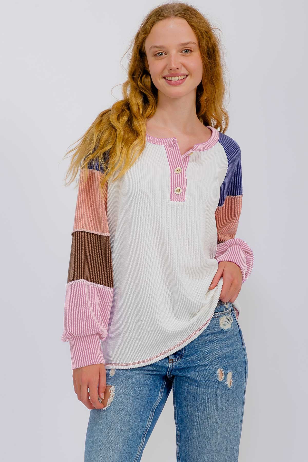 Pink Textured Rib Colorblock Raglan Long Sleeve