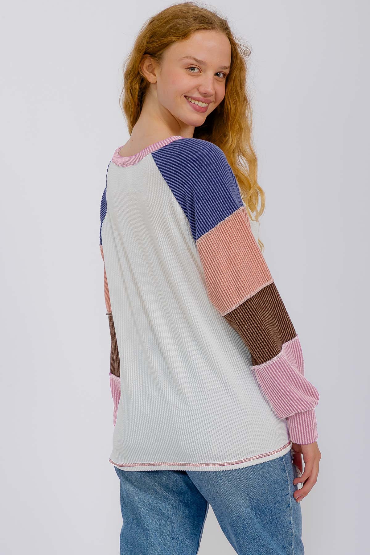 Pink Textured Rib Colorblock Raglan Long Sleeve
