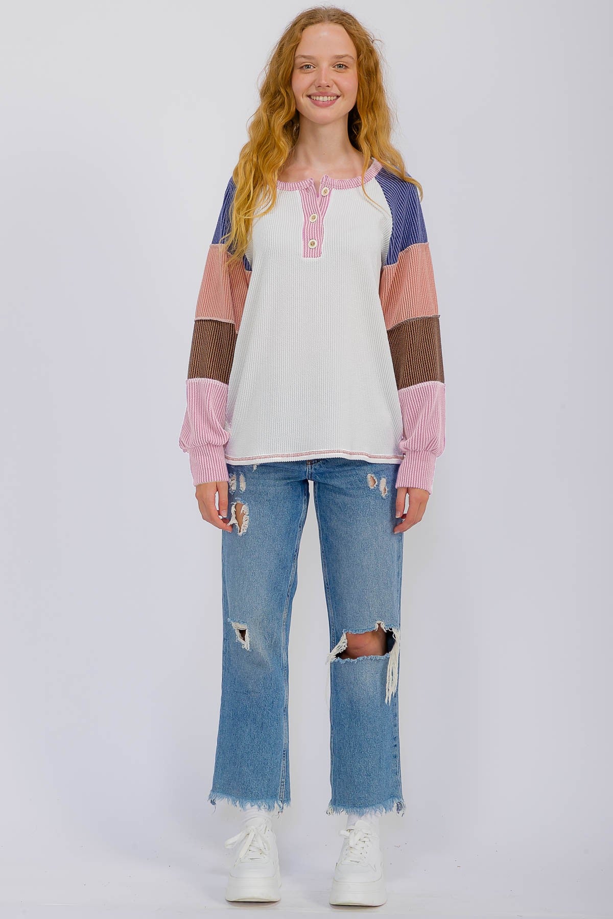 Pink Textured Rib Colorblock Raglan Long Sleeve