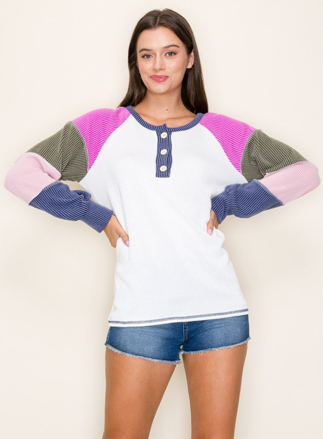 Navy Blue Multi Textured Rib Colorblock Raglan Maternity Long Sleeve