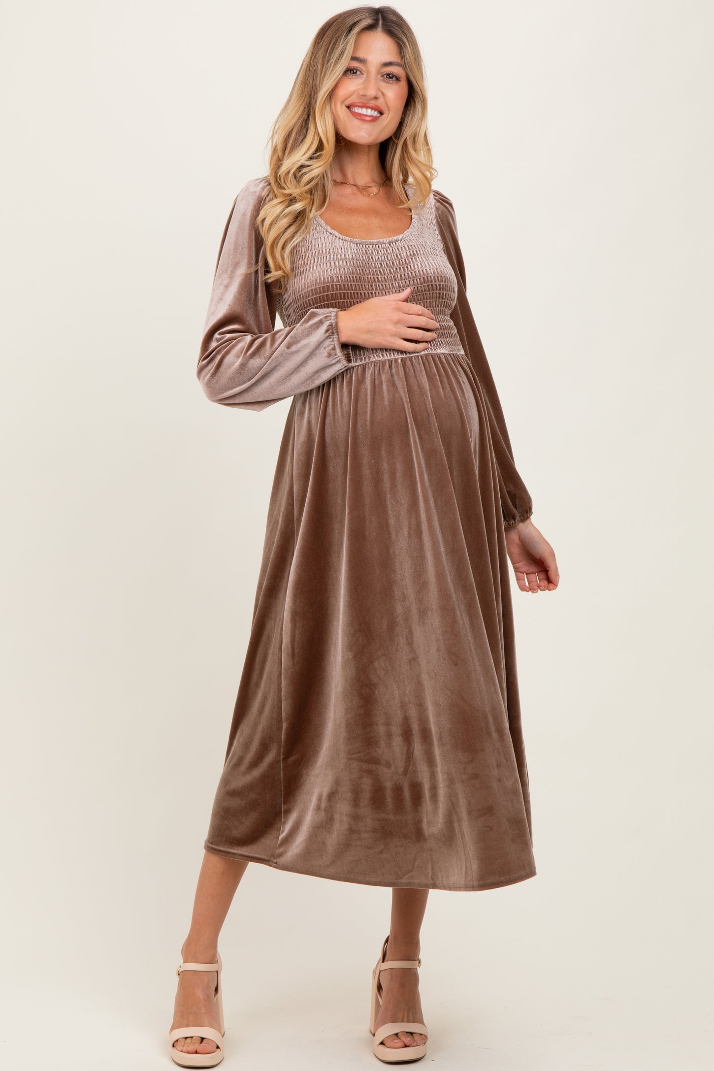 Mocha Velvet Smocked Long Sleeve Maternity Midi Dress