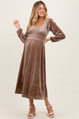 Mocha Velvet Smocked Long Sleeve Maternity Midi Dress