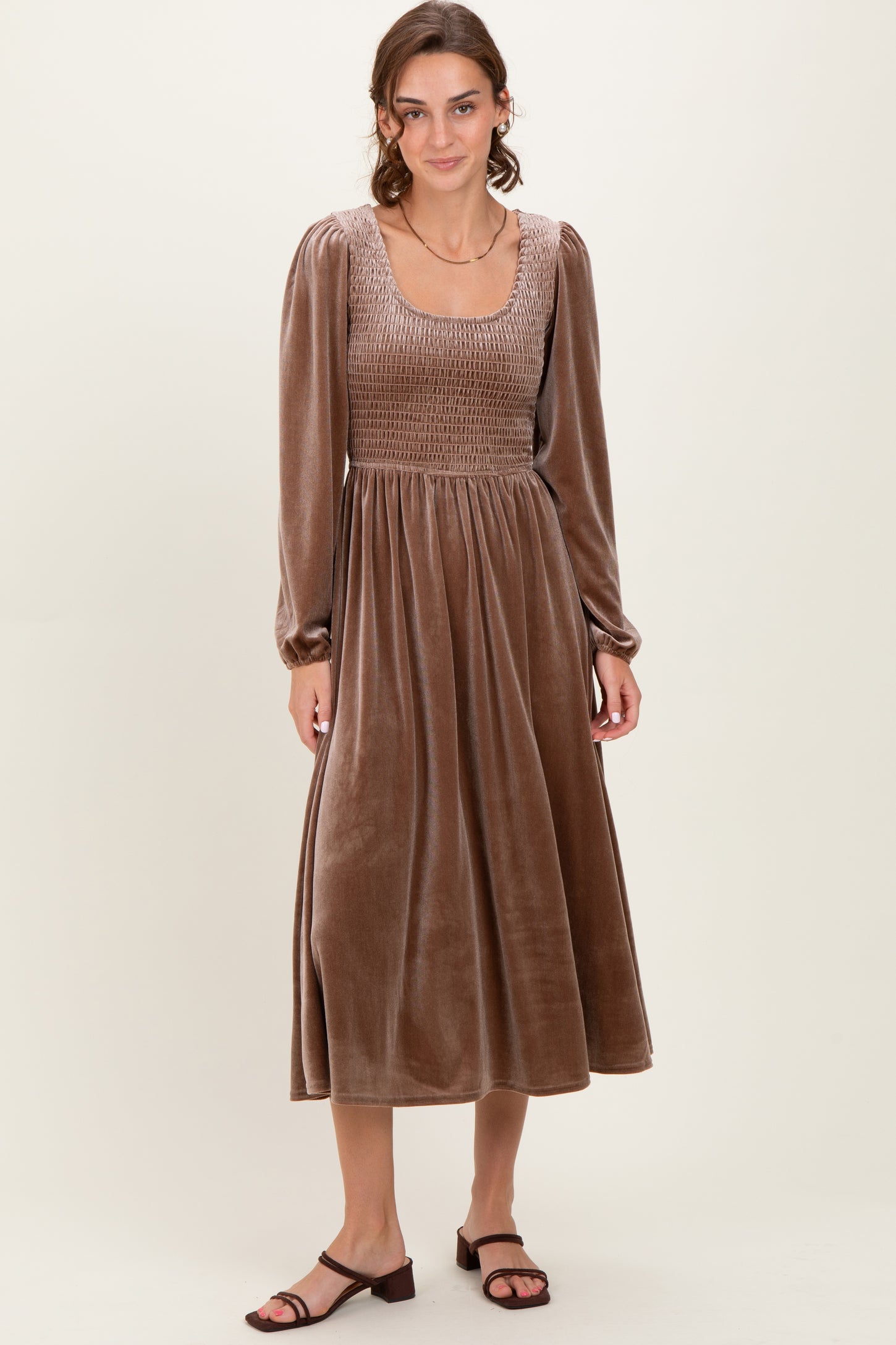 Mocha Velvet Smocked Long Sleeve Midi Dress