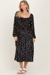 Black Floral Velvet Smocked Midi Dress