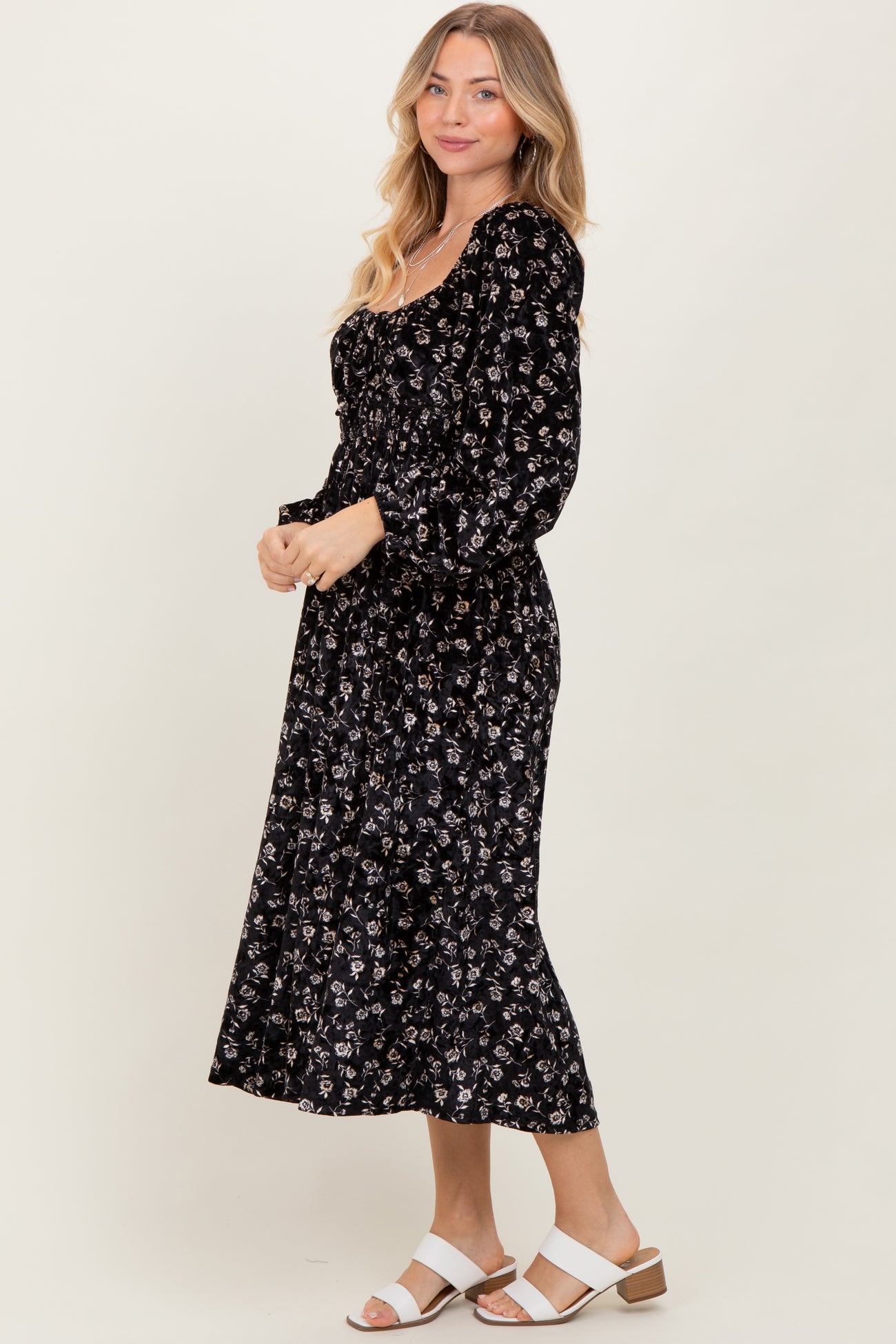 Black Floral Velvet Smocked Midi Dress